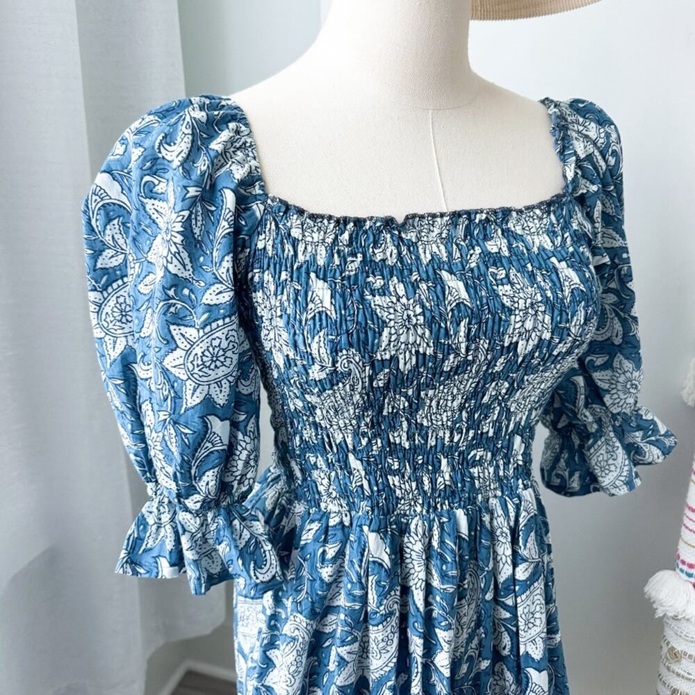 Perry Walker The Grace Blue Floral Short Puff Sleeves Cotton Mini Dress Medium - Picture 2 of 8